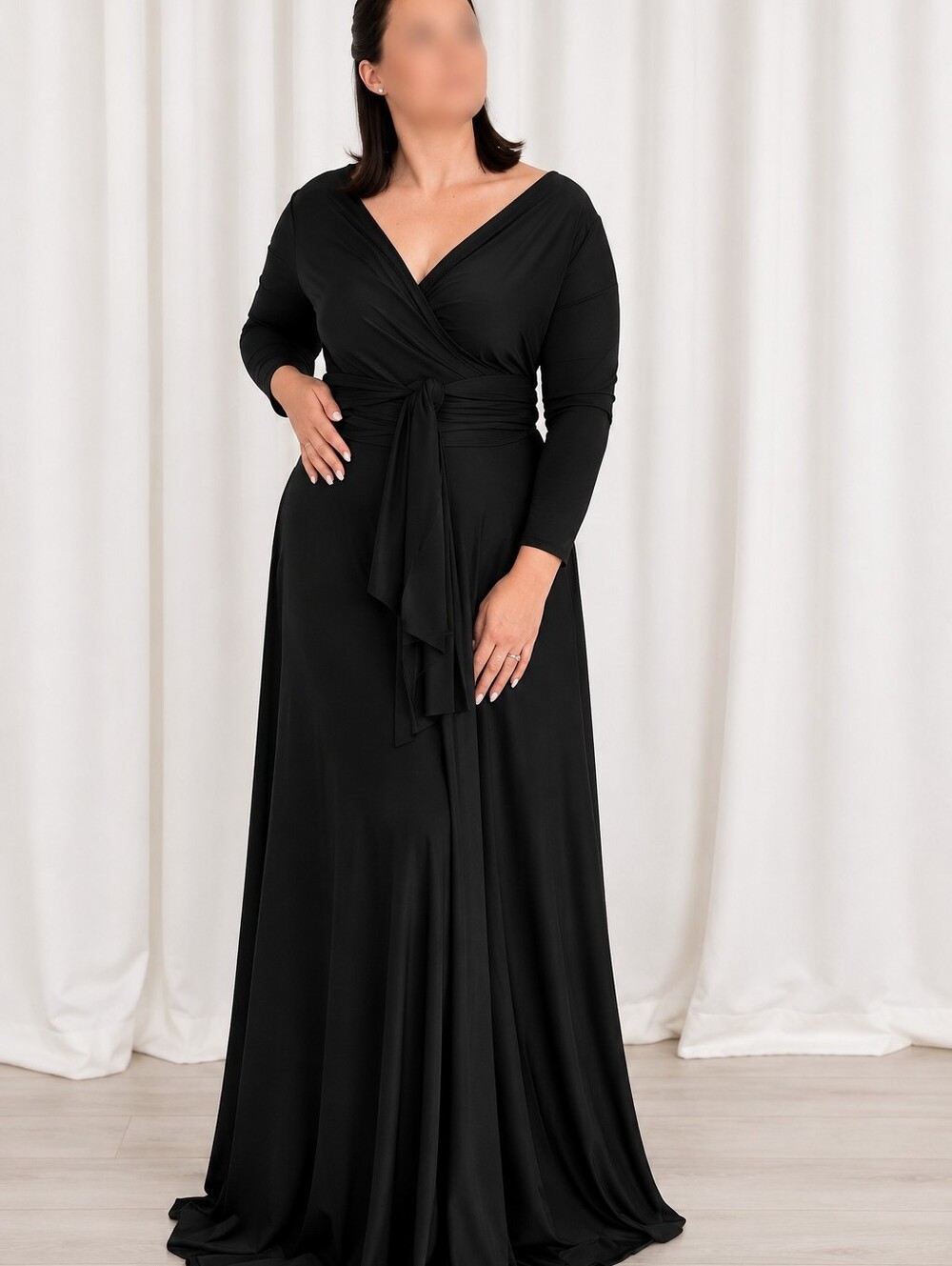 Elegant Black & Lavender V-Neck Long Sleeve Maxi Dress